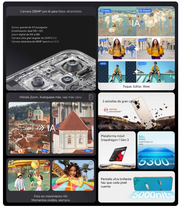 HONOR 400 Pro 12GB+512GB + REGALO Supercharge Wireless 100W + Earbuds Honor Choice Clip + Supercharge 100W + Servicio Reemplazo 1 Caracteristicas Honor 200